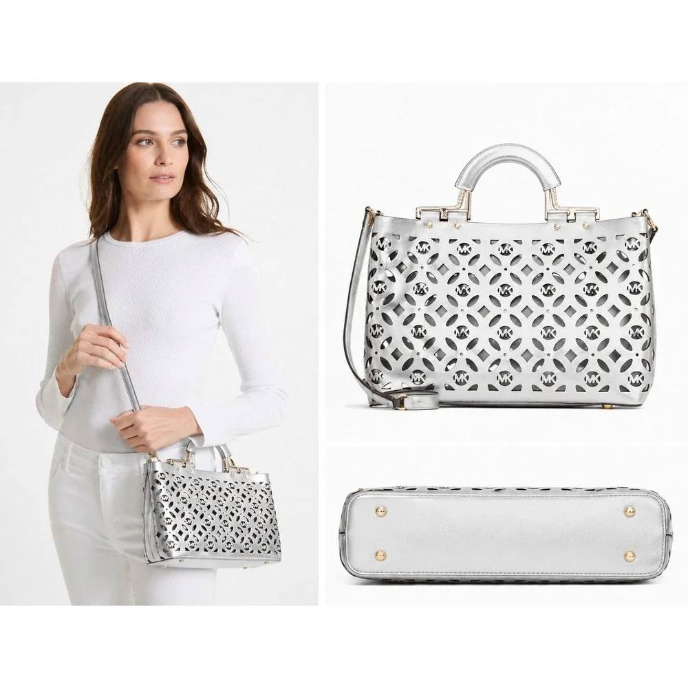 Michael Kors Satchel‎ Women Medium Silver Laser Cut Cynthia Crossbody Handbag